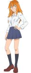 1girl anime_coloring arm_at_side artist_request black_socks blue_skirt breasts brown_shoes collarbone collared_shirt crazy_grin crazy_smile from_side full_body gamou_maki grin hand_on_own_hip heel_up highres ijiranaide_nagatoro-san kneehighs large_breasts loafers long_hair looking_at_viewer miniskirt official_art orange_eyes orange_hair pleated_skirt second-party_source shirt shoes simple_background skirt sleeves_rolled_up smile socks solo standing tachi-e transparent_background white_shirt wide-eyed 