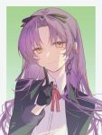  1girl black_gloves black_jacket black_ribbon border closed_mouth collared_shirt curtained_hair dress_shirt eiyuu_densetsu english_commentary finger_to_cheek gloves green_background hair_between_eyes hair_ribbon highres index_finger_raised jacket kuro_no_kiseki_(series) kuro_no_kiseki_i long_hair long_sleeves looking_at_viewer neck_ribbon outside_border parted_bangs qian_ko red_ribbon renne_(eiyuu_densetsu) ribbon shirt simple_background smile solo tress_ribbon upper_body white_border white_shirt yellow_eyes 
