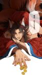 1boy all_fours all_wishes_come_true! animal_ear_fluff animal_ears bare_pectorals bare_shoulders black_hair blue_trim brown_eyes brown_hair chinese_text coat coin facial_hair fang fingernails flame_print fox_boy fox_ears fox_tail hair_down hair_ribbon highres holding holding_coin holed_coin implied_yaoi jewelry jiaoooziii kemonomimi_mode kitsune kyuubi long_hair long_sleeves looking_at_viewer lying male_focus mouth_hold multiple_tails mustache_stubble necklace off_shoulder on_stomach open_clothes open_coat open_robe parted_lips pectoral_cleavage pectorals print_robe red_coat red_ribbon red_robe ribbon robe shade smile solo speech_bubble stubble tail teeth_hold toned toned_male translation_request untied_ribbon white_background wide_sleeves zhongli_quan_(all_wishes_come_true!) 