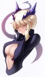  1girl artoria_pendragon_(fate) artoria_pendragon_(lancer_alter)_(fate) black_bodysuit blonde_hair blush bodysuit braid breasts character_request check_character closed_eyes closed_mouth clothing_cutout commentary dark_persona english_commentary fate/grand_order fate_(series) hands_on_own_face highres large_breasts short_hair_with_long_locks solo white_background zealyush 