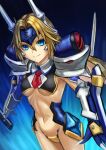  1girl absurdres arm_blade armor blazblue blazblue:_continuum_shift blonde_hair blue_background blue_eyes blue_gloves breasts closed_mouth crotch_plate curtained_hair double-parted_bangs english_commentary fake_claws finger_claws floating_hair forehead_protector gloves gradient_background gritter4asterisk hair_between_eyes hair_intakes highres horns long_hair looking_at_viewer mecha_musume mechanical_horns mu-12 navel necktie pauldrons red_necktie revealing_clothes robot_ears short_necktie shoulder_armor simple_background small_breasts solo stomach strapless_bottom tsurime underboob upper_body v-shaped_eyebrows weapon 