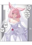  1girl absurdres animal_ear_fluff animal_ears bare_shoulders blue_archive blue_eyes blue_halo blush bow bow_choker breasts bridal_veil cawl choker dress english_commentary english_text flower fox_ears fox_girl halo heavy_breathing highres long_sleeves looking_at_viewer niko_(blue_archive) off-shoulder_dress off_shoulder one_eye_closed open_mouth opening_door pink_hair rose small_breasts solo speech_bubble veil wedding_dress white_choker white_dress 