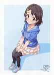  1girl black_thighhighs blue_background blue_jacket blue_shoes blush border brown_eyes brown_hair closed_mouth collarbone commentary eyelashes flower frilled_skirt frills full_body hair_flower hair_ornament hands_on_own_legs highres hood hood_down hooded_jacket idolmaster idolmaster_cinderella_girls jacket rabbit_hair_ornament sasaki_chie sekiya_kuzuyu shadow shoelaces shoes short_hair short_sleeves signature simple_background sitting skirt smile solo split_mouth thighhighs white_border white_skirt zipper 