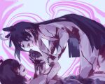  2girls agnes_tachyon_(umamusume) ahoge animal_ears black_hair blood blood_on_arm blood_on_body blood_on_face blood_on_hand blunt_ends cannibalism commentary dfa_(pixiv_120392095) ear_ornament ear_tag earrings guro horse_ears horse_girl jewelry long_hair manhattan_cafe_(umamusume) multicolored_hair multiple_girls open_mouth single_earring smile umamusume very_long_hair white_hair yuri 
