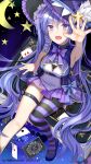  1girl :d armpits blue_bow blue_bowtie blue_dress blue_eyes blue_hair bow bowtie breasts card chinese_commentary cleavage cleavage_cutout clothing_cutout commentary_request crescent_moon dress fang hat highres huijiang_monster large_breasts long_hair looking_at_viewer magical_girl moon original playing_card single_thighhigh sleeveless sleeveless_dress smile solo striped_clothes striped_thighhighs thighhighs very_long_hair witch witch_hat 