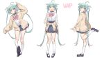  1girl absurdres blue_eyes blue_skirt cardigan cardigan_around_waist clothes_around_waist commentary_request green_hair highres multiple_views open_cardigan open_clothes open_mouth original pleated_skirt school_uniform shirt short_hair skirt socks unfinished wabuwabu_05 white_background white_shirt yellow_cardigan 