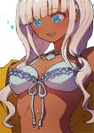  1girl :d absurdres bikini blue_eyes breasts danganronpa_(series) danganronpa_v3:_killing_harmony dark-skinned_female dark_skin frilled_bikini frills grey_hair highres jacket jewelry long_hair necklace open_clothes open_jacket orange_jacket shell shell_necklace simple_background small_breasts smile solo swimsuit white_background yonaga_angie youko-shima 