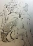  1boy 1girl bare_shoulders commentary_request fat fat_man feet_out_of_frame feixiao_(honkai:_star_rail) french_kiss from_side girl_on_top grabbing_another's_hair greyscale heart highres holding_another's_hair honkai:_star_rail honkai_(series) hug kiss monochrome ponytail rex_(rein_xeed) saliva straddling sweat tongue tongue_out 