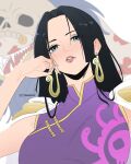  1girl absurdres artist_name black_hair blue_eyes blurry blurry_background boa_hancock breasts chinese_clothes coat coat_on_shoulders commentary dress earrings epaulettes flat_color gold_earrings head_on_hand head_rest head_tilt highres iamosix2 instagram_username jewelry kuja_pirates_jolly_roger lips long_hair looking_at_viewer loose_hair_strand medium_breasts one_piece parted_hair parted_lips purple_dress qipao salome_(one_piece) sidelocks skull skull_print sleeveless sleeveless_dress snake snake_earrings solo_focus twitter_username untranslatable_commentary upper_body white_background white_coat 