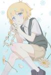  1boy antenna_hair artist_name basil_(faraway)_(omori) basil_(omori) black_shoes blonde_hair blue_eyes blush closed_mouth collared_shirt commentary double-parted_bangs english_commentary flower flower_wreath ggggg27227 green_sweater_vest hair_between_eyes hair_flower hair_ornament highres male_focus omori shirt shoes short_hair short_sleeves sidelocks socks solo sweater_vest twitter_username white_shirt 