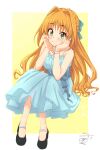  1girl black_shoes blue_dress blush border bracelet closed_mouth commentary dress eyelashes full_body green_eyes hair_intakes hands_on_own_face highres hino_akane_(idolmaster) idolmaster idolmaster_cinderella_girls jewelry long_hair necklace orange_hair sekiya_kuzuyu shoes signature simple_background sitting smile solo split_mouth white_border yellow_background 
