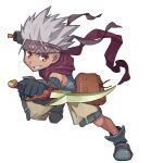  1boy bag black_boots black_gloves blue_shirt boots brown_bag brown_eyes brown_headband brown_shorts dagger dual_wielding eden_eternal full_body gloves grey_hair headband highres holding holding_dagger holding_knife holding_weapon knife male_focus official_art protected_link red_scarf scarf second-party_source shirt short_hair shorts simple_background solo spiked_hair thief_(eden_eternal) transparent_background weapon 