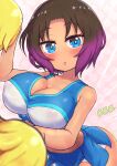  1girl :o absurdres bare_shoulders blue_eyes blue_shirt blue_skirt blurry blurry_foreground blush breasts brown_hair cheerleader cleavage commentary_request covered_nipples crop_top elma_(maidragon) emphasis_lines fang gradient_hair highres jersey kobayashi-san_chi_no_maidragon large_breasts looking_at_viewer multicolored_hair open_mouth parted_bangs pink_background polka_dot polka_dot_background pom_pom_(cheerleading) purple_hair reiwa_rerere shirt short_hair shorts skin_fang skirt solo two-tone_hair white_shorts 