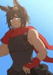  1boy absurdres animal_ears arknights black_shirt blue_eyes brown_hair clothes_around_waist commentary_request courier_(arknights) covered_navel dark-skinned_male dark_skin deer_boy deer_ears fingerless_gloves gloves goggles goggles_on_head highres jacket jacket_around_waist looking_at_viewer male_focus oga_(ogw175) parted_lips red_gloves red_scarf scarf shirt short_hair sky sleeveless sleeveless_shirt solo toned toned_male upper_body 