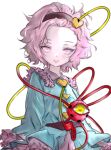  1girl blue_shirt brown_hairband buttons closed_mouth cococo_art collared_shirt commentary_request disembodied_linked_eye eyeball frilled_shirt_collar frilled_sleeves frills hair_ornament hairband heart heart_button heart_hair_ornament highres komeiji_satori long_sleeves looking_at_viewer pink_eyes pink_hair pink_skirt ribbon-trimmed_collar ribbon_trim shirt short_hair simple_background skirt smile solo touhou white_background wide_sleeves 