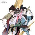  3girls all_wishes_come_true! arm_wrap black_eyes black_hair black_pants black_sash blue_hanfu blue_trim breasts brown_eyes brown_hair chinese_clothes chinese_commentary chinese_text closed_mouth coat commentary_request earrings flower flower_earrings genderswap genderswap_(mtf) green_skirt hair_bun hair_flower hair_ornament hair_pulled_back hair_ribbon half_updo hand_fan hand_up hanfu he_xiangu_(all_wishes_come_true!) high_ponytail highres holding holding_fan holding_string holding_sword holding_weapon jewelry jian_(weapon) kichick large_breasts leaf_belt leaf_fan leaf_hair_ornament leaf_ornament lips long_hair long_sleeves looking_at_viewer lotus lv_dongbin_(all_wishes_come_true!) medium_breasts multiple_girls multiple_views necklace open_clothes open_coat orange_sash pants pink_flower pink_hanfu ponytail red_coat red_ribbon red_sash ribbon robe sash shoulder_strap sidelocks simple_background single_hair_bun sketch skirt smile standing string sword sword_tassel tassel topknot translation_request upper_body weapon weapon_tassel white_background white_hanfu wide_sleeves yaopei zhongli_quan_(all_wishes_come_true!) 