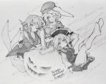  3girls absurdres blush breasts carbohydrate_(asta4282) closed_mouth commentary_request crescent crescent_hat_ornament drill_hair drill_sidelocks fins flat_cap floppy_ears frilled_hat frilled_kimono frills hat hat_ornament head_fins highres jack-o'-lantern japanese_clothes kimono kneehighs long_sleeves looking_at_viewer lunasa_prismriver medium_breasts medium_hair merfolk mermaid monster_girl multiple_girls obi obijime one-hour_drawing_challenge one_eye_closed open_mouth ringo_(touhou) sash shirt sidelocks skirt smile socks thighs touhou vest wakasagihime watermark wide_sleeves 