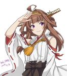  1girl ahoge artist_name black_skirt brown_hair chuchu_tako commentary_request dated detached_sleeves double_bun hair_bun headgear japanese_clothes kantai_collection kongou_(kancolle) kongou_kai_ni_(kancolle) nontraditional_miko one-hour_drawing_challenge popped_collar purple_eyes ribbon-trimmed_sleeves ribbon_trim salute sideways_glance simple_background skirt smile solo upper_body white_background 