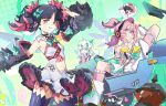  3girls angels_of_delusion aqua_streaks aria_(human)_(zenless_zone_zero) aria_(robot)_(zenless_zone_zero) aria_(zenless_zone_zero) arm_warmers asymmetrical_bangs bandaid bandaid_hair_ornament bare_shoulders black_hair black_thighhighs boots bow center_frills clothing_cutout colored_inner_hair dress earrings frills gloves green_bow green_eyes green_hair green_halo hair_between_eyes hair_ornament hairclip halo highres jewelry jingguagua multicolored_hair multiple_girls multiple_hairclips musical_note_earrings nangong_yu navel_cutout necktie pink_arm_warmers pink_gloves pink_hair pink_socks ponytail quad_tails red_eyes red_necktie robot_girl sitting smile socks streaked_hair striped_arm_warmers sunna_(zenless_zone_zero) thighhighs too_many_bows twintails white_boots white_dress white_wings wings zenless_zone_zero 