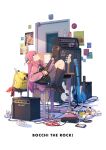  1girl absurdres ampeg amplifier bag bass_guitar black_skirt black_socks blue_eyes bocchi_the_rock! bottle bow box cable can cardboard_box cellphone chair closed_mouth commentary_request cube_hair_ornament desk door drink_can drumsticks duplicate effects_pedal electric_guitar energy_drink english_text fender_precision_bass full_body gibson_les_paul gotoh_hitori grey_skirt guitar guitar_case hair_between_eyes hair_ornament headphones highres holding holding_guitar holding_instrument indoors instrument instrument_case jacket knee_up kneehighs knees_up loafers long_hair long_sleeves looking_up microphone nakamori_kemuri one_side_up pants paper phone pink_hair pink_jacket pink_pants playing_instrument pleated_skirt plectrum poster_(object) red_bow school_desk school_uniform scissors shoes sidelocks simple_background sitting skirt smartphone socks soda_can solo speaker sticker sticky_note television teruterubouzu track_jacket trash trash_can very_long_hair water_bottle white_background 