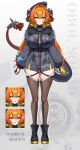  1girl 1other asymmetrical_gloves black_hat black_horns breasts character_name curled_horns dragon_girl dragon_horns dress fingerless_gloves full_body gloves green_eyes hair_between_eyes hat highres horns large_breasts long_hair looking_at_viewer magus_(zenless_zone_zero) mechanical_horns mechanical_tail mintz912 mismatched_gloves multiple_expressions open_mouth orange_hair orange_pupils orphie_magnusson pointy_ears single_fingerless_glove smile sweat tail thighhighs twintails yellow_gloves zenless_zone_zero zipper_dress 
