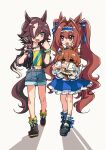  2girls :d absurdres agnes_tachyon_(tach-nology)_(umamusume) agnes_tachyon_(umamusume) animal_ears ankle_socks black_boots black_jacket black_shoes blue_shorts blue_skirt boots bracelet brown_eyes brown_hair character_doll character_figure chinese_commentary commentary_request daiwa_scarlet_(peak_blue)_(umamusume) daiwa_scarlet_(umamusume) denim denim_shorts doll double-parted_bangs fang frilled_skirt frills full_body hair_between_eyes hair_over_one_eye highres holding holding_figure holding_stuffed_toy horse_ears horse_girl horse_tail jacket jewelry long_hair long_sleeves looking_at_another low_ponytail multicolored_hair multiple_girls nemissa1 official_alternate_costume open_clothes open_jacket open_mouth pleated_skirt ponytail red_eyes shirt shoes short_shorts shorts simple_background skirt smile socks streaked_hair stuffed_toy tail tanino_gimlet_(embodiment_of_keravnos)_(umamusume) tanino_gimlet_(umamusume) twintails umamusume umamusume_horse_relations very_long_hair vodka_(umamusume) vodka_(wild_top_gear)_(umamusume) walking white_background white_hair white_shirt white_socks yellow_socks 
