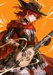  absurdres angel_wings arknights boots cen_(acheng02806053) chinese_commentary commentary_request exusiai_(arknights) exusiai_the_new_covenant_(arknights) exusiai_the_new_covenant_(the_legend_seeker)_(arknights) hair_between_eyes halo highres looking_to_the_side medium_hair open_mouth orange_background red_hair smile teeth thigh_boots thighs wings yellow_eyes 