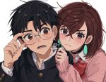  adjusting_eyewear ayase_momo black_choker black_hair black_jacket blush bow bowtie brown_eyes brown_hair choker collared_shirt commentary_request crossed_bangs dandadan earrings frown furrowed_brow gakuran glasses hair_between_eyes jacket jewelry light_frown medium_hair nandemo_unknown open_mouth pink_sweater red_bow red_bowtie red_eyes round_eyewear school_uniform shirt sweatdrop sweater takakura_ken_(dandadan) twitter_username upper_body white_background white_shirt 
