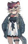  1girl :o absurdres ahoge alternate_costume animal_ears arknights black_collar black_dress blush cliffheart_(arknights) collar commentary cowboy_shot dress eyewear_on_head grey_eyes grey_hair grey_jacket hair_between_eyes hands_in_pockets highres indoors jacket jewelry looking_at_viewer material_growth necklace open_clothes open_jacket open_mouth oripathy_lesion_(arknights) short_hair simple_background snow_leopard_ears snow_leopard_girl snow_leopard_tail solo sunglasses tail thighlet v-shaped_eyebrows wakame_yogurt white_background 