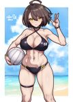  1girl absurdres ahoge artist_name ass_visible_through_thighs azur_lane ball baltimore_(azur_lane) bare_arms bare_shoulders beach bikini black_bikini black_choker blue_sky border bracelet braid braided_bangs breasts brown_hair carrying carrying_under_arm choker closed_mouth cloud commentary commission criss-cross_halter day english_commentary feet_out_of_frame hair_between_eyes halterneck hand_up highres jewelry ko-fi_commission large_breasts looking_at_viewer navel number_print o-ring o-ring_bikini o-ring_top ocean outside_border pendant_choker rotomdocs shore short_hair skindentation sky smile solo standing swimsuit thigh_strap toned toned_female volleyball_(object) w white_border yellow_eyes 