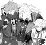  3boys ahoge antenna_hair capelet carrying carrying_person closed_mouth coat cowboy_shot crossed_bangs fingerless_gloves flins_(genshin_impact) fur-trimmed_coat fur-trimmed_jacket fur_trim genshin_impact gloves greyscale hair_between_eyes hand_on_another's_shoulder hand_up height_difference highres holding_another's_wrist illuga_(genshin_impact) jacket lapels long_hair long_sleeves looking_afar looking_at_another male_focus monochrome multiple_boys open_clothes open_coat open_jacket shirt short_hair simple_background sleeveless sleeveless_coat standing sweater teeth turtleneck turtleneck_sweater varka_(genshin_impact) vest wavy_hair zarame_pfpf 