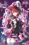  1girl absurdres archery arknights arrow_(projectile) ascot black_dress black_hat black_skirt bow_(weapon) brown_eyes brown_hair bug butterfly castle cavalier_hat chinese_commentary closed_mouth commentary_request dress earrings feet_out_of_frame fingerless_gloves flipped_hair floating_stairs flower gloves hand_up hat hat_feather highres holding holding_arrow holding_bow_(weapon) holding_weapon jewelry looking_at_viewer miniskirt official_alternate_costume persona persona_3 persona_3_reload picture_frame pink_flower pink_ribbon pink_rose pleated_skirt puffy_sleeves purple_background ribbon rose san_sui_dingshang_ya short_dress short_hair silhouette skirt smile solo sparkle stud_earrings takeba_yukari takeba_yukari_(in_vigil_of_dawn_and_dusk) thighhighs weapon white_ascot white_flower white_gloves white_rose white_thighhighs zettai_ryouiki 