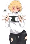 1boy 1girl absurdres ahoge antenna_hair arcueid_brunestud ass_visible_through_thighs black_hair black_panties black_pantyhose blonde_hair blush breasts cameltoe chibi chibi_inset commentary_request embarrassed glasses hair_between_eyes heart highres holding holding_panties holding_underwear holding_unworn_clothes jewelry looking_at_viewer maz_515 necklace panties pantyhose presenting_removed_panties pubic_hair red_eyes short_hair single_hair_intake steam steaming_body sweat sweater thumbs_up tohno_shiki torn_clothes torn_pantyhose tsukihime tsukihime_(remake) turtleneck turtleneck_sweater underwear white_sweater 