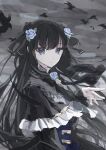  1girl 4ikur0 arcaea arm_cutout bib_collar bird black_bow black_bowtie black_capelet black_dress black_hair blue_corset blue_flower blue_rose bow bow_flower bowtie capelet closed_mouth clothing_cutout collar commentary_request corset crow dress flower frilled_collar frilled_sleeves frills grey_eyes hair_flower hair_ornament hair_ribbon highres long_hair long_sleeves looking_at_viewer pleated_capelet ribbon rose solo tairitsu_(arcaea) tairitsu_(grievous_lady)_(arcaea) upper_body 
