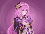  1girl black_shrug blue_eyes breasts commentary corset crystal crystal_flower elf elysia_(honkai_impact) elysia_(miss_pink_elf)_(honkai_impact) english_commentary hair_ornament highres holding holding_crystal honkai_(series) honkai_impact_3rd large_breasts long_hair pink_background pink_hair pointy_ears satyharvenheit shrug_(clothing) simple_background smile solo very_long_hair white_corset 