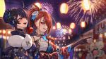  4girls :d aerial_fireworks asymmetrical_horns black_choker black_gloves black_kimono blue_fire blue_hair breasts candy_apple cecilia_immergreen cecilia_immergreen_(new_year) chest_sarashi choker colored_inner_hair commentary earrings elbow_gloves elizabeth_rose_bloodflame elizabeth_rose_bloodflame_(new_year) fire fire_on_chest fireworks floral_print floral_print_kimono flower food frilled_choker frills gigi_murin gigi_murin_(new_year) gloves grin hair_bun hair_flower hair_ornament hair_over_one_eye highres holding holding_candy_apple holding_food hololive hololive_english horn_flower horns japanese_clothes jewelry keisea kimono large_breasts mole mole_under_eye multicolored_hair multiple_girls nerissa_ravencroft nerissa_ravencroft_(new_year) official_alternate_costume official_alternate_hairstyle open_mouth outdoors ponytail print_kimono red_eyes red_hair red_kimono sarashi short_hair single_hair_bun smile streaked_hair uneven_horns virtual_youtuber 
