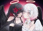  2girls absurdres alternate_costume angel angel_wings bare_shoulders black_hair black_wings bow bowtie chain choker closed_mouth cola colored_inner_hair crydel detached_sleeves dress flower gradient_hair hair_flower hair_ornament halo highres holding holding_chain long_hair long_sleeves mahou_shoujo_no_majo_saiban multicolored_hair multiple_girls nikaido_hiro off-shoulder_dress off_shoulder pink_eyes pink_hair pursed_lips red_background red_eyes red_flower red_hair sakuraba_ema short_hair white_bow white_bowtie white_choker white_dress white_flower white_hair white_wings wide_sleeves wings x_hair_ornament yuri 