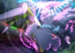  absurdres alternate_color beedrill black_sclera blue_eyes blurry choice_scarf colored_sclera commentary_request energy eye_trail garchomp highres light_trail magu_(tfxcoufgfhbmziy) mega_beedrill motion_blur no_humans open_mouth pokemon pokemon_(creature) pokemon_focus shiny_pokemon yellow_eyes 