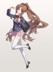  1girl absurdres arnold-s black_shoes bow bowtie breasts brown_hair chinese_commentary closed_mouth coat commentary_request full_body grey_background high_ponytail highres long_hair looking_at_viewer medium_breasts original pink_skirt pleated_skirt ponytail purple_coat purple_eyes red_bow red_bowtie school_uniform shirt shoes simple_background skirt solo sweater_vest thighhighs white_shirt white_thighhighs yellow_sweater_vest 