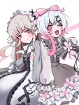  2girls blonde_hair bow collar commentary_request cross-laced_clothes cross-laced_dress dress fang flower flower-trimmed_dress flower-trimmed_skirt frilled_collar frilled_hairband frilled_skirt frilled_sleeves frills gradient_hair grey_eyes hair_bow hair_ornament hairband highres hikami_meruru holding holding_hands holding_microphone holding_microphone_stand instrument karaoke_manekineko keyboard_(instrument) long_hair long_sleeves mahou_shoujo_no_majo_saiban microphone microphone_stand multicolored_hair multiple_girls official_alternate_costume one_eye_closed open_mouth pink_bow pink_eyes pink_hair puffy_sleeves sakuraba_ema short_hair simple_background skirt urada_silue white_background white_flower white_hair white_hairband x_hair_ornament yuri 