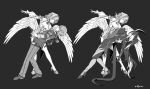  1boy 2girls arm_behind_back beliora_vike black_background black_sweater closed_eyes commentary_request dancing detached_sleeves feathered_wings high_heels highres horns looking_at_another medium_hair multiple_girls napio official_alternate_costume pants remielle_dan short_hair smile sweater white_wings wings wise_(oath_of_skies)_(zenless_zone_zero) wise_(zenless_zone_zero) zenless_zone_zero 