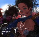  1boy 1girl arms_around_neck bandaid bandaid_on_face bandaid_on_nose black_eyes black_hair blood blue_shirt blue_sky bow bruise character_request copyright_request couple covered_mouth day gauze_on_neck gauze_on_shoulder hair_between_eyes hair_bow hair_ornament hetero hug injury long_hair long_sleeves looking_at_viewer norot open_mouth outdoors pink_bow power_lines sample_watermark school_uniform shirt short_hair skull_hair_ornament sky smile upper_body utility_pole vending_machine watermark 