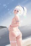  1girl absurdres ahoge andrl arm_strap ass ass_cutout beach bead_bracelet beads bikini blue_eyes blurry blurry_background bracelet breasts butt_crack clothing_cutout commentary day densetsu.exe flower frilled_thigh_strap from_behind gradient_hair green_hair hair_flower hair_ornament hairclip heart_cutout highres jewelry looking_at_viewer looking_back mint_fantome mint_fantome_(summer) mole mole_on_ass mole_on_leg multicolored_hair official_alternate_costume outdoors pointy_ears ponytail short_hair sideboob small_breasts solo standing string_bikini swimsuit thigh_strap virtual_youtuber white_bikini white_hair x_hair_ornament 