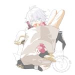  1boy antenna_hair apple arm_guards armor artist_name bag baguette black_gloves blue_eyes blush bottle bread coat commentary covered_mouth crossed_bangs fingerless_gloves fingernails flying_sweatdrops food fruit gloves grey_hair hair_between_eyes hand_up highres holding holding_bag holding_food holding_vegetable honkai:_star_rail honkai_(series) long_sleeves looking_at_viewer male_focus mp80337393 phainon_(honkai:_star_rail) shopping_bag short_hair shoulder_armor simple_background single_glove solo sun_symbol sweatdrop untranslatable_commentary upper_body vegetable watermark white_background white_coat yellow_pupils 