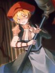 1boy absurdres apron armor blonde_hair blush brown_background buhuaixiaoguai commentary dot_nose e.g.o_(project_moon) gauntlets hat highres holding holding_staff lifetime_stew_(e.g.o) limbus_company male_focus open_mouth peanut_mouth project_moon red_hat sinclair_(project_moon) solo staff surprised sweatdrop white_apron yellow_eyes 