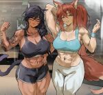  2girls abs absurdres ahoge animal_ear_fluff animal_ears arm_tattoo armpits bare_arms bare_shoulders black-framed_eyewear black_hair black_shorts black_sports_bra blue_sports_bra breasts cat_ears cat_girl cat_tail cleavage commentary cowboy_shot dolphin_shorts dragon_tattoo drill_hair english_commentary facial_mark finger_heart fox_ears fox_girl fox_tail glasses hand_on_own_head hand_on_own_hip hand_up highres indoors large_breasts long_hair looking_at_viewer lucille_renarc_(shipsinfloat) medium_breasts midriff multicolored_hair multiple_girls navel original pants park_ongjol parted_lips ponytail purple_streaks red_hair red_tail semi-rimless_eyewear shorts sidelocks smile sports_bra sportswear standing streaked_hair tail tattoo thick_thighs thighs toned toned_female under-rim_eyewear vivian_grimelka_(siverstorm) whisker_markings white_pants wristband yellow_eyes yoga_pants 