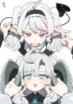  2girls absurdres ahoge anger_vein angry black_nails bright_pupils colored_eyelashes commentary curled_horns curtained_hair fang filia_(maton_3110) green_eyes grey_hair highres holding_another's_horns horns maton_(maton_3110) maton_3110 multiple_girls original parted_bangs pointy_ears pov red_eyes simple_background skin_fang triangle_mouth twintails white_background white_eyelashes white_hair white_pupils 