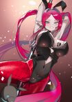  1girl absurdres animal_ears baobhan_sith_(fate) baobhan_sith_(halloween_2026)_(fate) bare_shoulders black_leotard blush breast_tattoo breasts cameltoe cleavage commentary demon_wings detached_collar doridor earrings fake_animal_ears fate/grand_order fate_(series) fishnet_pantyhose fishnets flower_tattoo gloves grey_eyes hair_intakes highleg highleg_leotard highres jewelry large_breasts leotard long_hair looking_at_viewer open_mouth pantyhose pink_hair playboy_bunny pointy_ears pole pole_dancing rabbit_ears red_gloves red_pantyhose sidelocks solo stripper_pole swept_bangs tattoo twintails very_long_hair wings 