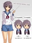  1girl :o arm_behind_back blue_sailor_collar blue_skirt breasts brown_cardigan brown_eyes cardigan commentary covered_navel diamond_mouth educational english_commentary english_text gradient_background grey_background hand_up highres kita_high_school_uniform long_sleeves looking_at_viewer math multiple_views nagato_yuki no_cardigan open_cardigan open_clothes pleated_skirt pointer pointing purple_hair rahime rectangular_mouth red_ribbon ribbon sailor_collar school_uniform serafuku shirt short_hair signature skirt small_breasts suzumiya_haruhi_no_yuuutsu teaching v-shaped_eyebrows white_background white_shirt winter_uniform 