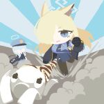  2girls animal_ear_fluff animal_ears armband ballistic_shield black_gloves blonde_hair blue_archive blue_eyes blue_halo blue_hat blue_jacket blue_shirt blue_skirt bugsnax cappucceetle chasing chibi chibi_only collared_shirt commentary commission creature crossover dog_ears dog_girl dust_cloud east-west_crossover food-themed_creature gloves grey_hair hair_over_eyes hair_over_one_eye halo hat holding holding_shield jacket jupiter1390 kanna_(blue_archive) long_hair microsoft_paint_(medium) miniskirt multiple_girls notched_ear pantyhose peaked_cap police police_uniform policewoman purple_armband running shield shirt skirt valkyrie_police_academy_student_(sg)_(blue_archive) vest white_halo 